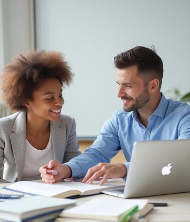 Tuteur et étudiant travaillant en tête-à-tête dans un environnement studieux